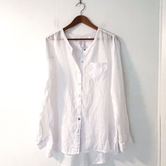 Sigrid Olsen linen shell button long sleeve no collar shirt beachy summer blouse - Picture 2 of 6